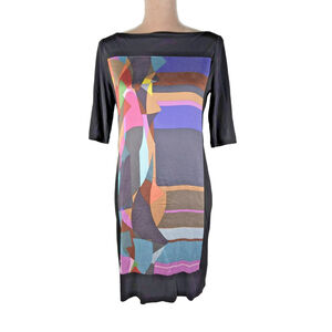 Suzi Chin Silk Geometric Shift Dress Sz 6 Black Retro 60's Colorful Art